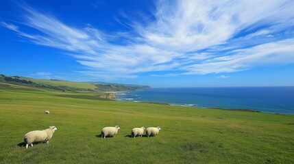 Obraz premium Stunning New Zealand Grasslands and Lake with Sheep Aerial View
