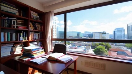 A bright office space with a desk, shelves of books, and a city view, promoting a productive and serene working atmosphere.