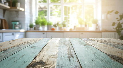 bright and airy kitchen features mint wooden table, creating fresh and inviting atmosphere. Sunlight streams through windows, highlighting natural decor and greenery