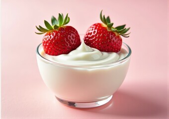 strawberry close-up in a glass saucer yogurt sour cream
