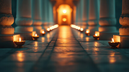 serene pathway illuminated by rows of flickering candles creates warm and inviting atmosphere, perfect for festive celebration. soft glow enhances architectural beauty surrounding it