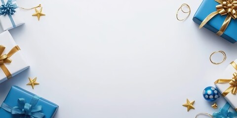 Festive Gifts with Blue and Gold Accents on White Background