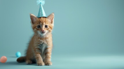 A small orange kitten with a blue party hat sits on a blue background with two toy balls.