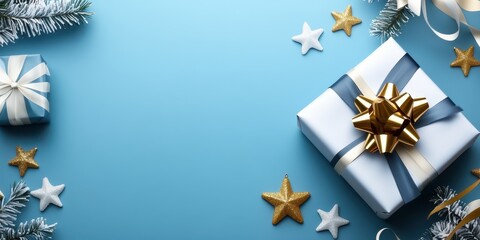 Fototapeta premium Festive Gifts with Decorative Elements on Blue Background