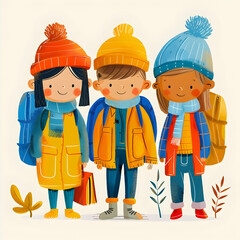 Three children in winter clothes with backpacks stand together smiling.