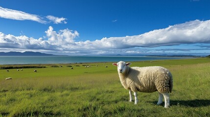 Fototapeta premium Stunning New Zealand Grasslands and Lake with Sheep Aerial View