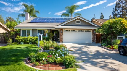 Naklejka premium Sustainable Suburban Home with Solar Panels and Electric Car for Eco-Friendly Living