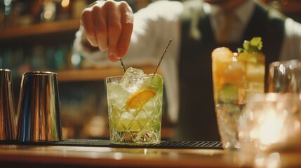 Mixing Drinks, Waiter or bartender preparing cocktails at the bar, vibrant drink ingredients