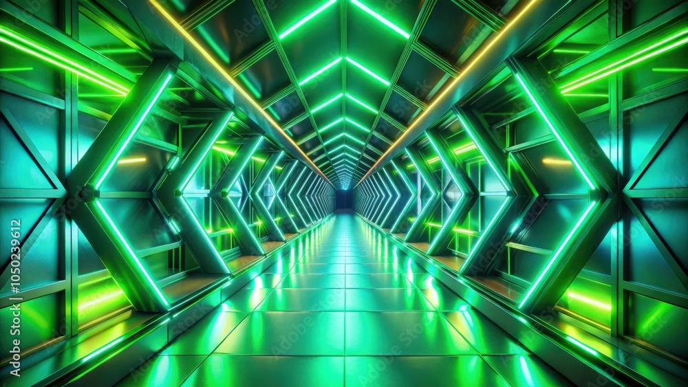 Poster a futuristic tunnel with neon lights and geometric shapes, illuminating a pathway in a sci-fi settin