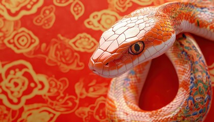 Obraz premium A vibrant and detailed close-up of a colorful snake against a striking red background, showcasing its unique patterns and textures.