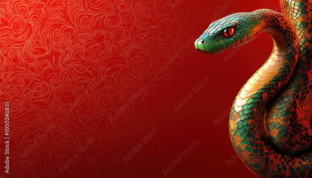 Poster a vivid and colorful snake slithering against a rich red background, showcasing intricate patterns a