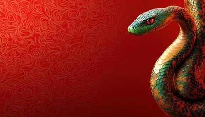 Fototapeta premium A vivid and colorful snake slithering against a rich red background, showcasing intricate patterns and striking features, ideal for nature lovers and wildlife enthusiasts.