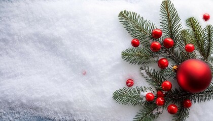 christmas decoration branches christmas tree red ball red berries on snow with space for text top view flat lay