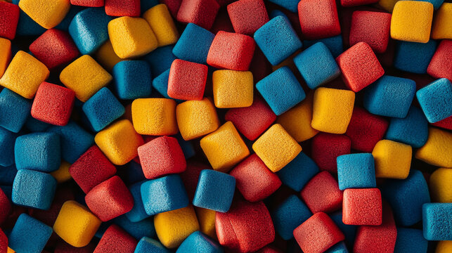 "Photography of a dry pool filled with colorful soft cubes in blue, red, yellow, brown, purple, and green, creating an abstract print pattern design. Ideal for a children&rsquo;s game room or trampoline 