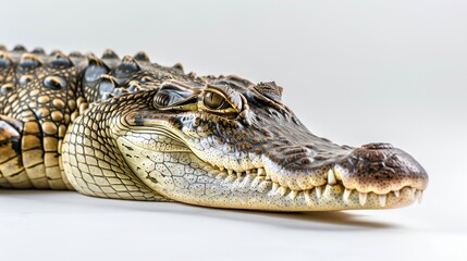 Fototapeta premium This specimen of a Cuban Crocodile lies quietly against a white backdrop highlighting its distinct rough skin and intricate textures. The image captures the beauty of this reptile.