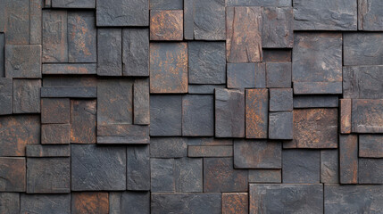 Fototapeta premium Textured wall of dark slate tiles arranged in geometric pattern, showcasing various sizes and shades of gray and brown. surface exudes rustic and natural feel, perfect for interior design