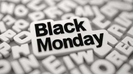 Black Monday is prominently displayed among backdrop of various letters, symbolizing chaos and significance of this financial event. contrast of black and white enhances visual impact