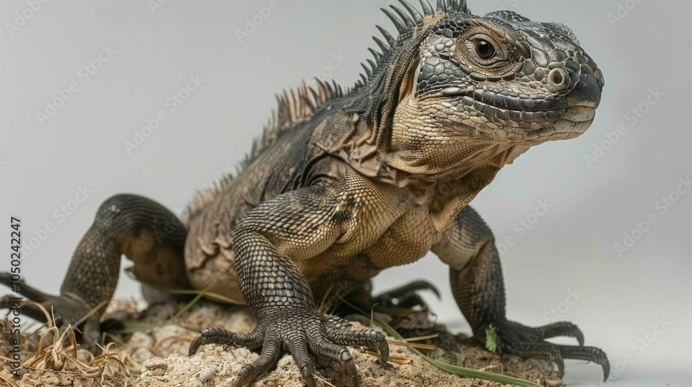Poster cuban rock iguana showcases its impressive rough scales and spiky crest while standing alert isolate