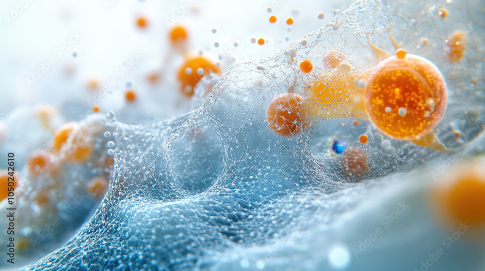 Poster abstract representation of colorful particles suspended in a fluid-like environment, conveying a sen