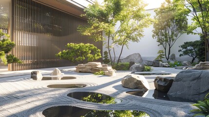 Fototapeta premium A modern zen garden with white gravel, a small pond, large rocks, and lush green plants.