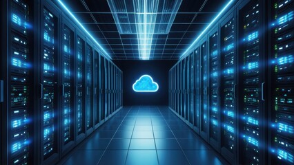 Obraz premium Data center with a glowing cloud icon, representing cloud-based backup and recovery after cyberattacks. Ideal for illustrating data security and disaster recovery.