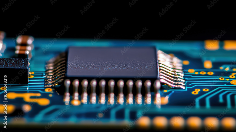 Poster close up of blue circuit board featuring black microchip, showcasing intricate details and connectio
