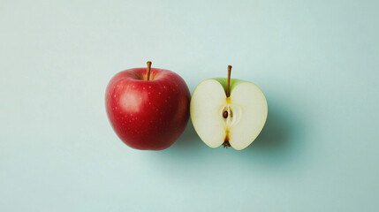 A vibrant red apple beside a freshly cut green apple half, showcasing its juicy interior against a soft blue background.