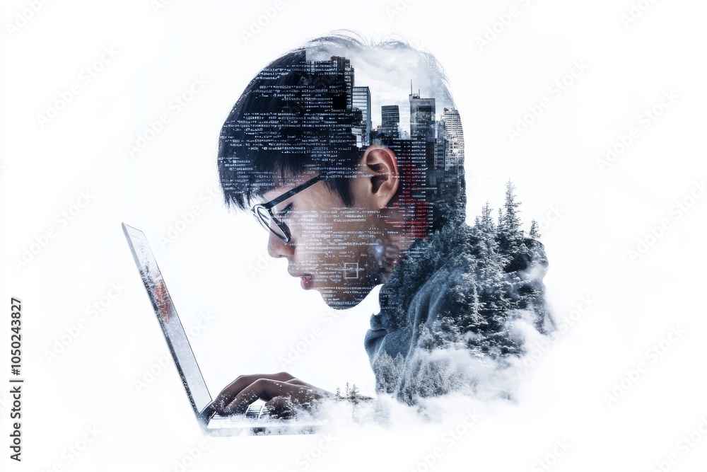 Poster digital nomad: person typing on laptop with code double exposure background, coding and web developm
