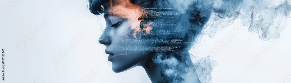 Poster coding in progress: person typing on laptop with lines of code on screen, double exposure technology