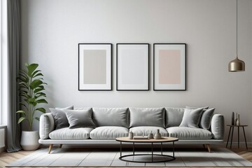 Grey modern living room with minimalistic decor in a bright setting.