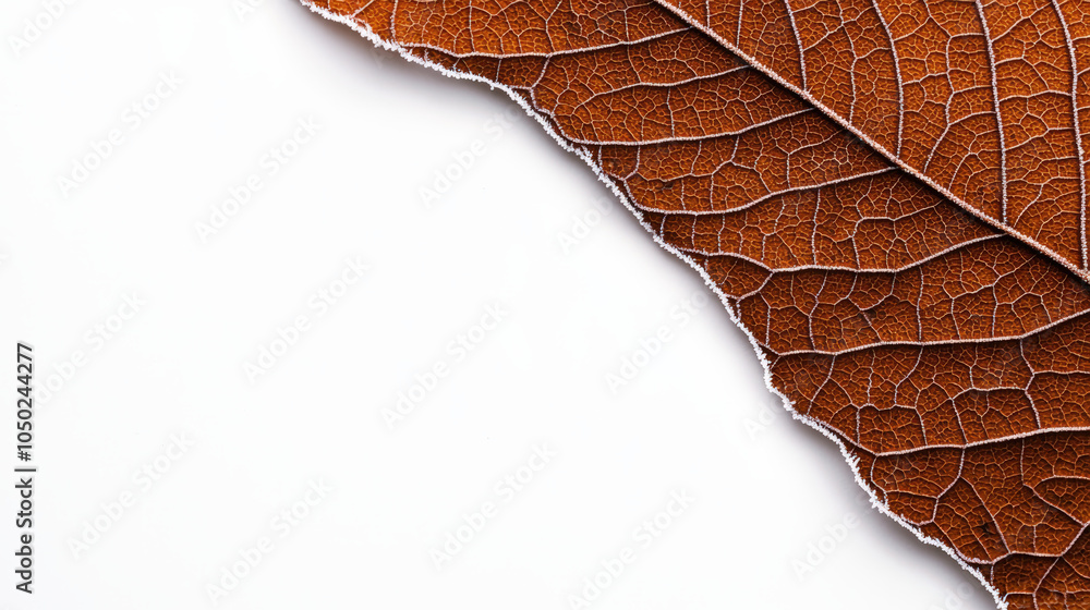 Poster close up of frost on veins and edges of autumn leaf, showcasing intricate details and textures. warm