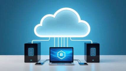 Centralized cloud system linking servers and devices, emphasizing secure data storage and recovery. Great for content focused on data protection, cloud backup, and ransomware defense.