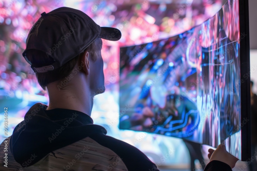 Poster young man wearing a cap looking at a large interactive screen with data, in a futuristic design sett