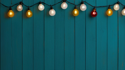 Fototapeta premium Brightly colored Christmas lights garland on wooden background creates festive atmosphere, perfect for holiday celebrations and gatherings