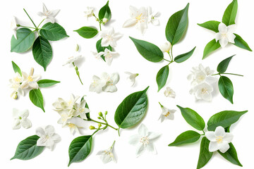 White flowers and green leaves isolated on white background.