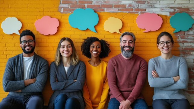 A diverse group of people seated in front of an orange wall with colorful thought bubbles, showcasing the universality of mental health awareness and support in modern society