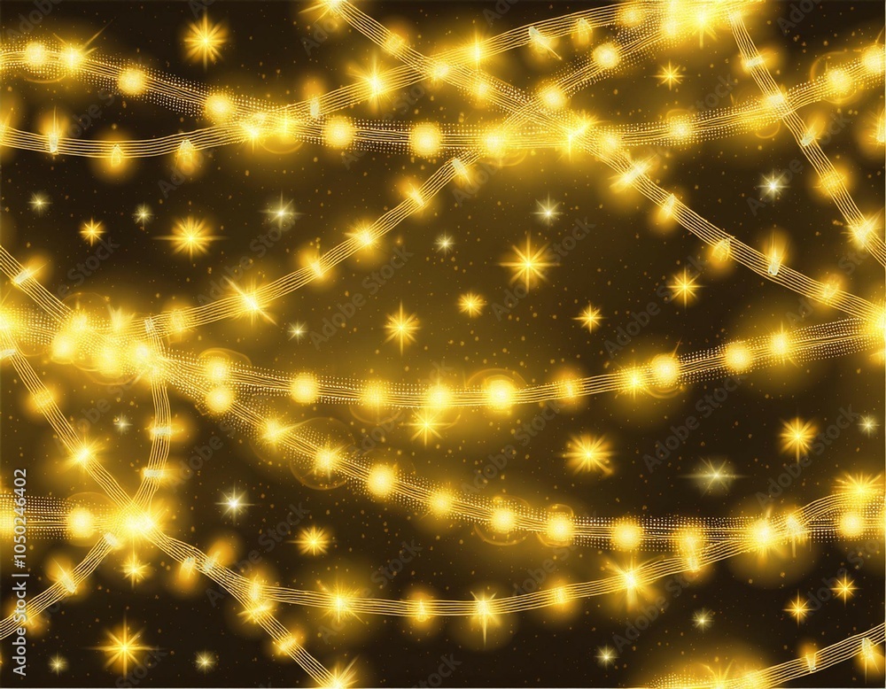 Sticker decorative christmas yellow glowing light chains with sparkles and bokeh effects seamless pattern on
