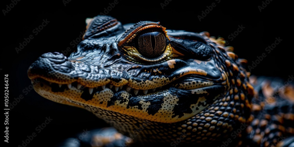 Poster the dwarf caiman rests peacefully displaying its rough skin and sharp teeth. the dramatic lighting a