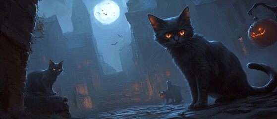 This enchanting Halloween scene captures black cats under a full moon, surrounded by eerie shadows and glowing pumpkins, perfect for autumn festivities.