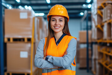 Smiling Worker in Safety Vest Crosses Arms, Ready for Inventory Tasks.