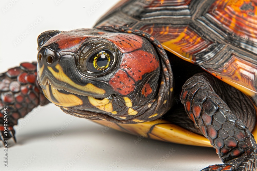 Poster eastern box turtle rests stationary against a white background showcasing its vibrant shell with int