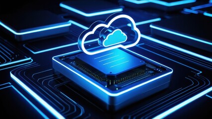 A glowing cloud symbol in the center of interconnected servers, representing cloud-based data recovery and secure backup solutions. Ideal for visualizing business continuity and IT security strategies