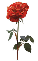 Vector design of a red rose with a green stem, isolated on a white background, cutout PNG 