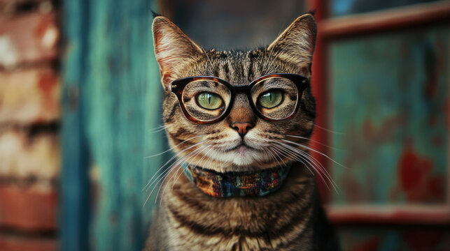 A serious-looking cat dons a pair of glasses while poised against an old, vintage backdrop, exuding intelligence, sophistication, and a quirky charm.