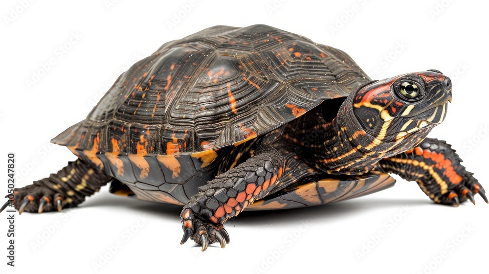 Poster captured in natural light the eastern box turtle displays its colorful shell patterns while stationa