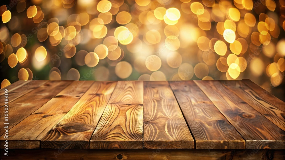 Poster empty rustic wooden table against a background of warm golden bokeh lights