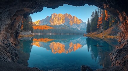 Serene Mountain Lake in the Dolomites Framed by Old Tree at Sunset