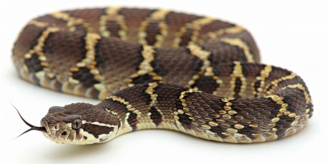 Fototapeta premium Eastern Diamondback Rattlesnake showcases its distinctive diamond patterns and visible rattle while coiled. The sharp focus highlights its scales and features against a clean background.