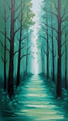 Fototapeta premium Shaded forest path painting in emerald green teal and sage