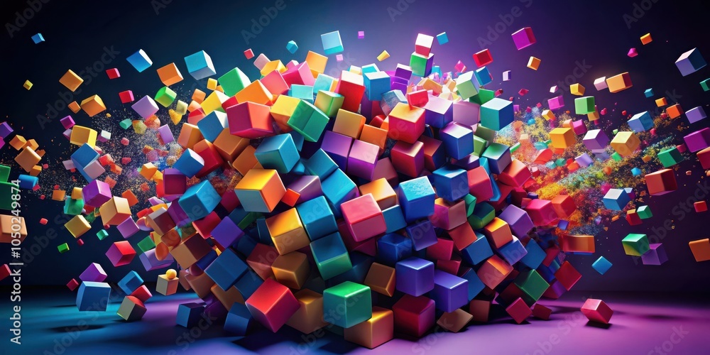 Aufkleber A vibrant explosion of colorful cubes creates a dynamic and abstract composition, with the energy of the burst radiating outwards and illuminating the surrounding space.